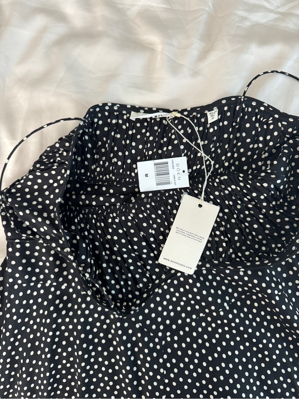 NWT Doen Rosaria Silk Ruched Bust Ruffle Midi Maxi Dress Camille Dot Polka Black - Picture 10 of 13